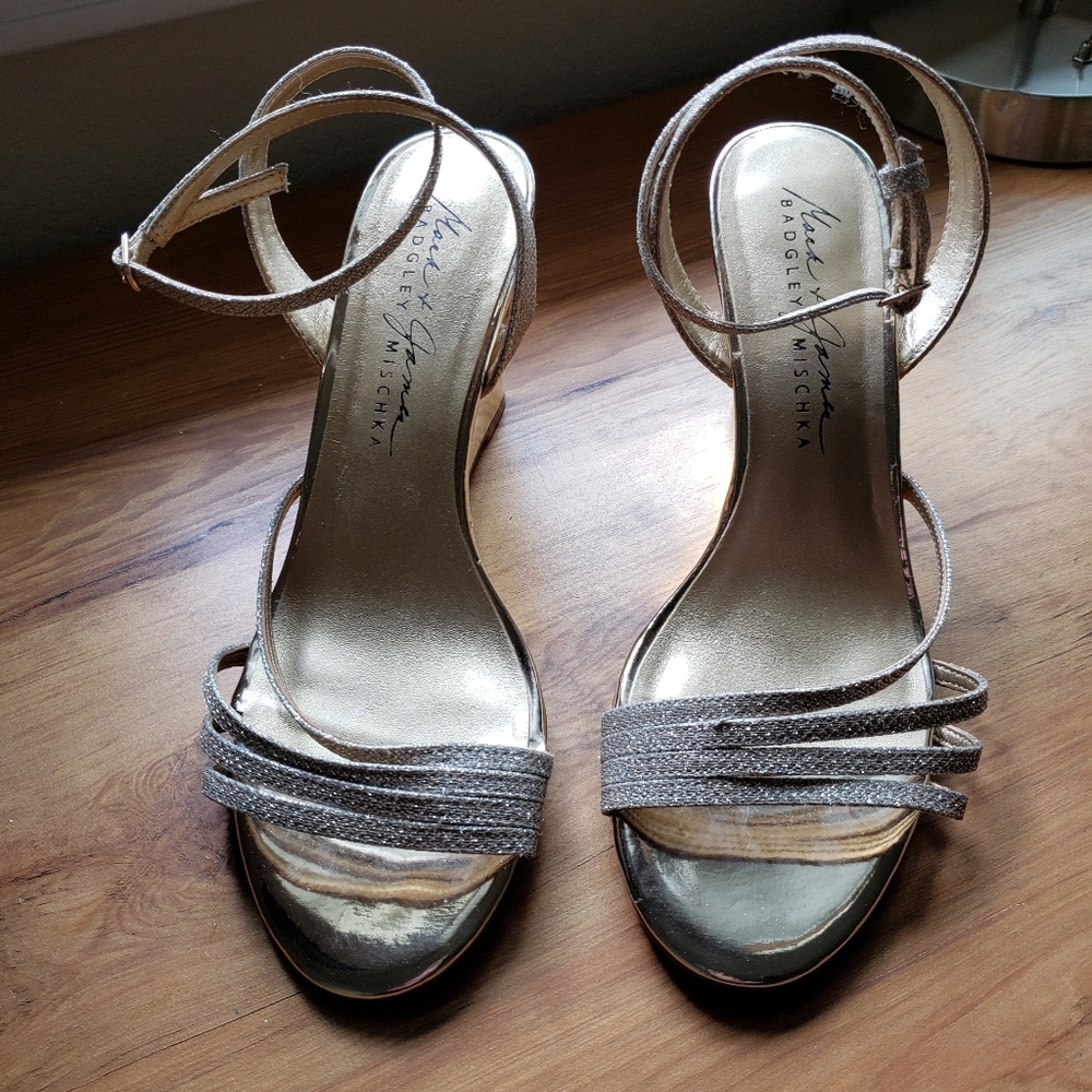 BADGLEY MISCHKA Gold 3 inch strappy heels